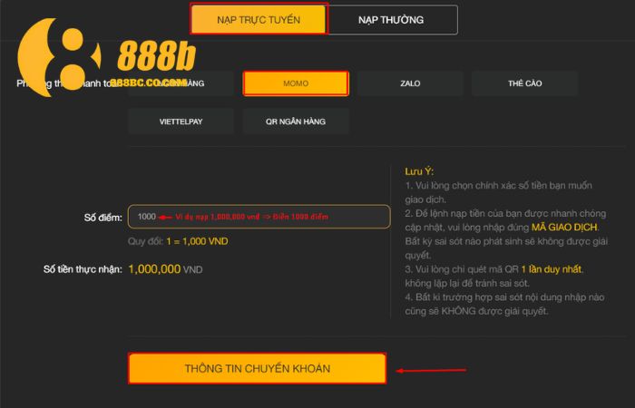 Nạp tiền vào tài khoản 888B bằng Momo