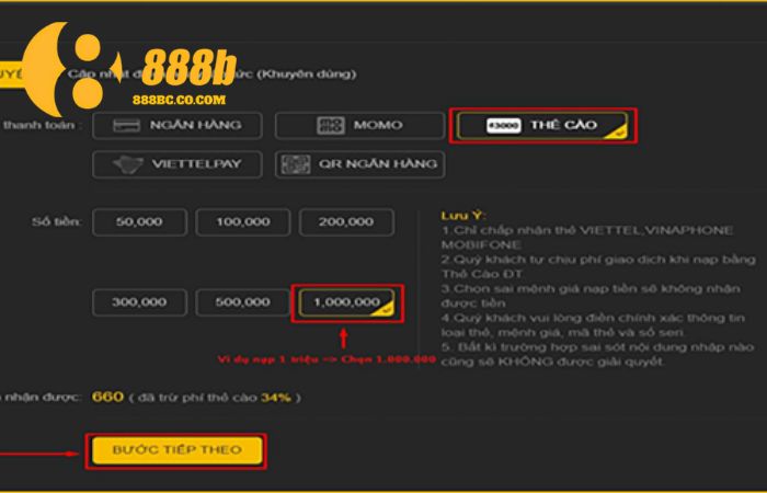 Nạp tiền 888B bằng thẻ cào